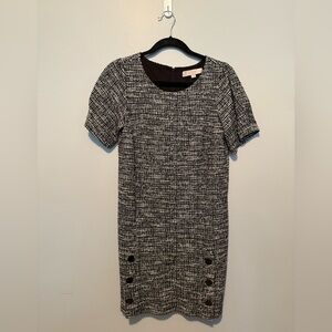LOFT Black & White Textured Button-Detail Shift Dress